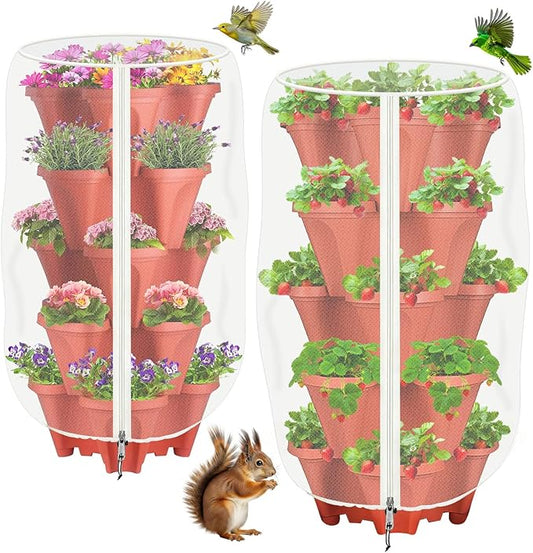 2 Pack Garden Vertical Planter Pot Insect Bird Netting,39.4" x 20" Stackable 5 Tier Strawberry Planter Pot Garden Mesh Plant Cover with Zipper for Outdoor Strawberry Herb Flower Protection