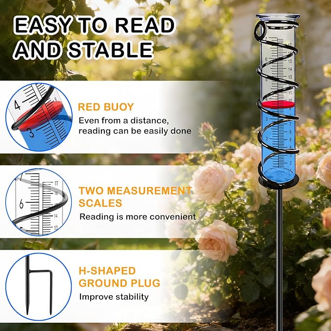 Rain Gauge, Rain Gauge Outdoor, Rain Gauges Outdoors Best Rated for Yard with Stake, Rain Water Meter Measuring with Metal Frame, Decorative for Garden, Deck, Lawn, Landscape