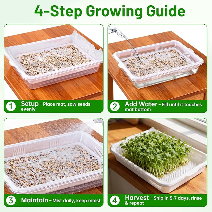 Acrylic Microgreens Growing Trays 3-Pack – Clear Hydroponic Seed Starter Kit with Silicone Mats & Spray Bottle – Reusable Plant Germination Trays for Vegetables, Wheatgrass, Cat Grass – Indoor Garden