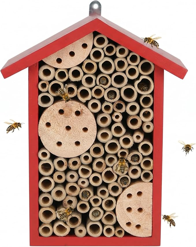 Topadorn Red Wooden Bee House, Natural Bamboo Tube Bee Hotel for Mason Bees, Outdoor Garden Pollinator Shelter with Hanging Ring