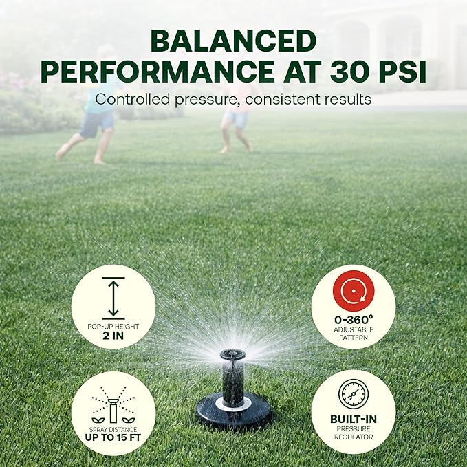 Rain Bird 1802APPRS Pressure Regulated 1800 Series Dual Spray 2 Inch Pop Up Sprinkler Head, 4 Pack -Water Efficient Lawn Sprinkler with 360 Degree Pattern, 1/2 Inch NPT, Up to 15 Ft Spray Distance