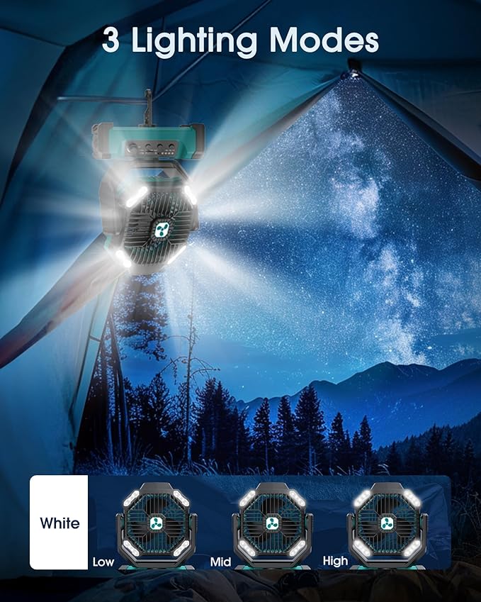 ONLYNEW Camping Fan 20000mAh Portable Fans USB C Rechargeable Battery Powered Fan with LED Lantern & Remote, Oscillating,Timer, Remote Auto, Hook for Tents Travel Outdoor Camp Beach Home Gifts Green