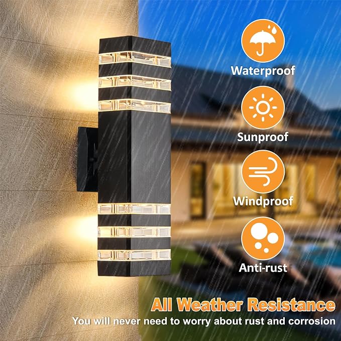 DASTOR 4 Pack Modern Outdoor Wall Lights, 15.1'' Up and Down Porch Lights, 14W 3000K Warm White Exterior Sconce Lighting Fixtures for House Garage