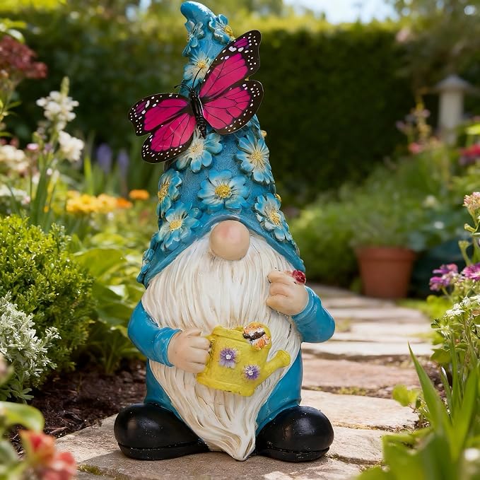 Garden Gnome Statues Outdoor Decor Solar Gnomes with Butterfly on LED Lighted Flowers, Resin Blue Gnomes Sculpture for Patio Yard Lawn Onament Decoration