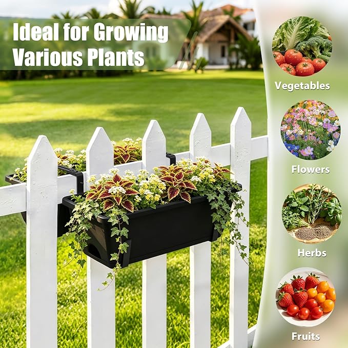 Sunexinlo 4-Pack Railing Planter Boxes with Double-Sided Adjustable Brackets, Plastic Rectangular Flower Boxes with Drainage Holes and Trays for Outdoor Balcony, Deck, Patio, Porch, Fence, Black