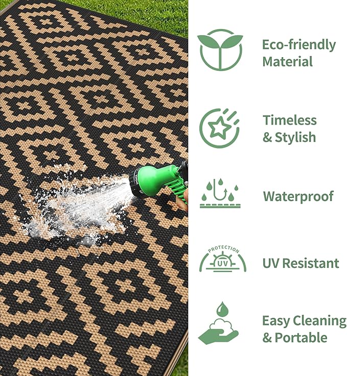 GENIMO Outdoor Rugs 8'x10' Waterproof, Reversible Mats, Area Plastic Straw Rug, Outside Carpet, Geometric Rv Mat for Patio Camping Rv Picnic Backyard Deck Balcony Porch Beach Trailer (Black & Brown)