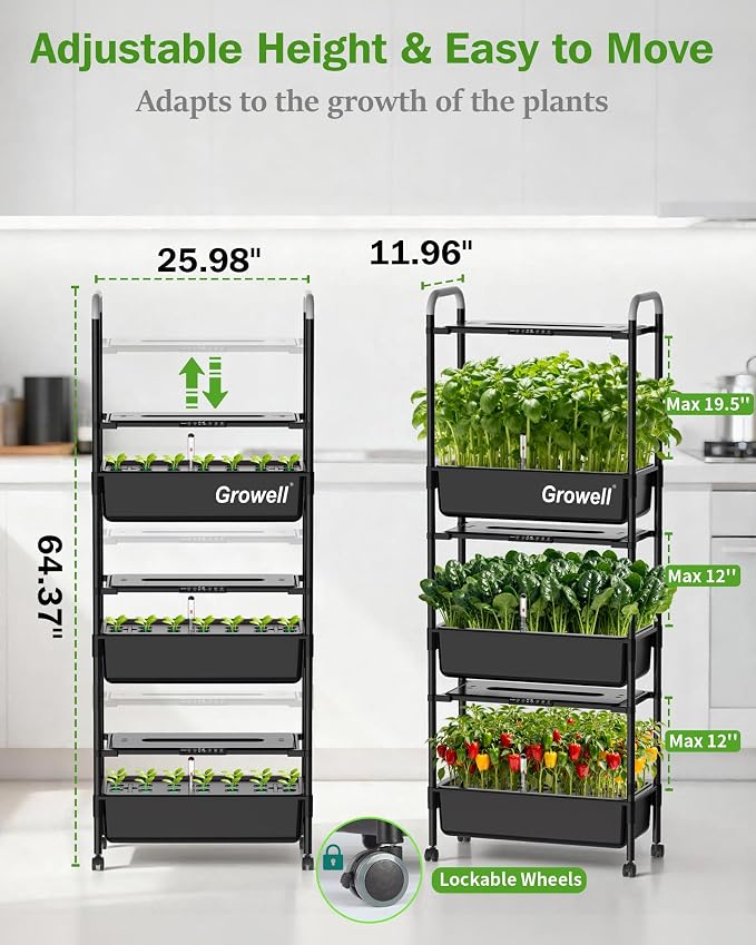 Growell Large Hydroponics Growing System Kit, 81 Pods Vertical Indoor Herb Garden Kit with LED Grow Light & Independent Water Pump, 42L Movable Indoor Planter Perfect Gardening Gifts (3 Tier-Black)