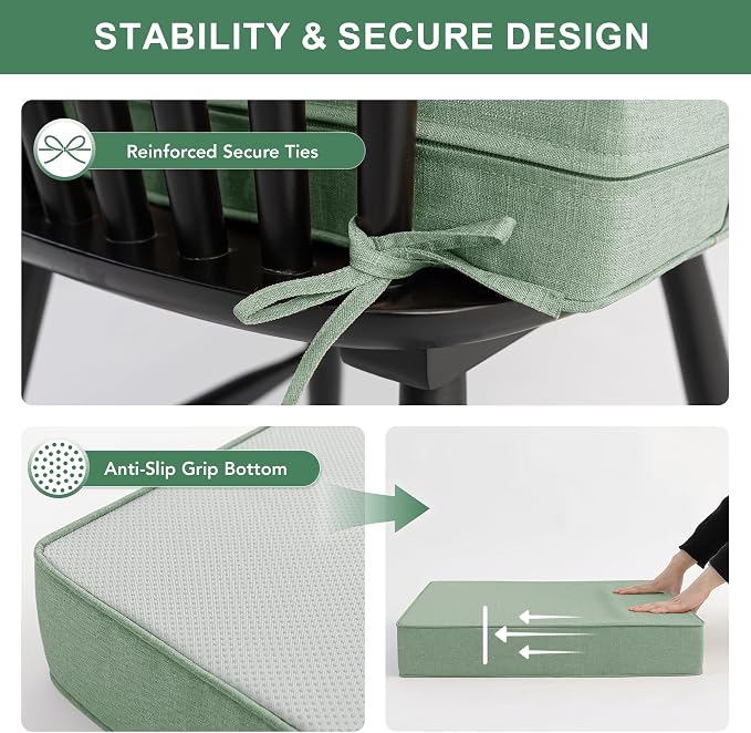 Summsun Outdoor Cushions for Patio Furniture, Faux Linen Water Resistant Backrest and Deep Seat Cushion Set with Removable Cover, Ties, Non-Slip Bottom, 22 x 22 Inch, Sage Green, Set of 4