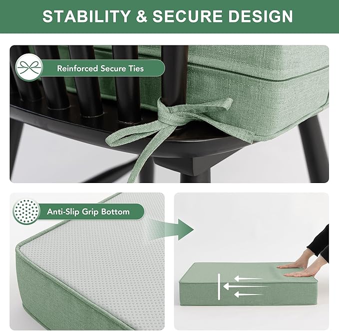 Summsun Outdoor Cushions for Patio Furniture, Faux Linen Water Resistant Backrest and Seat Cushion Set with Removable Cover, Ties, Non-Slip Bottom, 19 x 19 Inch, Sage Green
