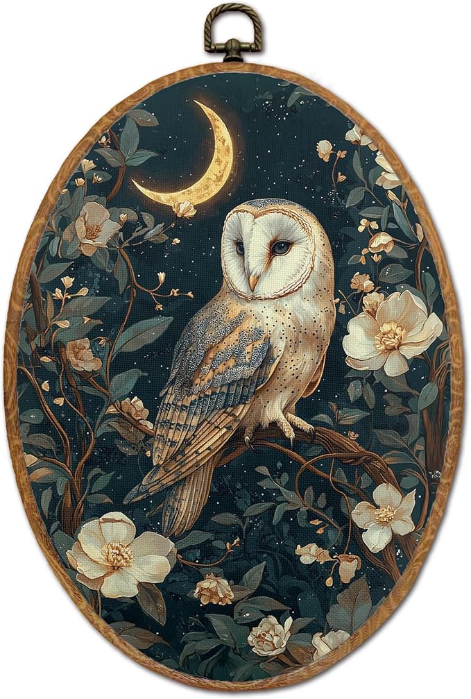 DOFQZ Vintage Moody Owl Oval Wall Art Decor, Dark Academia Cottagecore Floral Owl Framed Wall Art, Whimsical Gothic Owls Walls Hanging Decor for Home Bedroom Living Room, 8.5x11.5 Inch