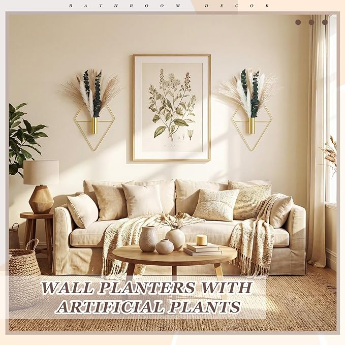 Canlierr 4 Pcs Gold Wall Decor Hanging Planters with Artificial Plants Eucalyptus Pampas Grass Metal Hanging Vase Indoor Plants Holder Modern Boho Wall Art for Bathroom Bedroom Living Room Decor