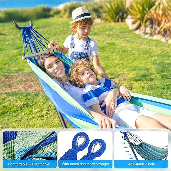 ANAGOO Double Hammock with Stand, 2 Person Hammock with Anti-Rollover Spreader Bar, Adjustable Height Heavy Duty Steel Stand, 500LB Capacity Portable Hammock for Patio Backyard Camping, Wide Blue