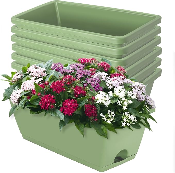 LOCONHA Window Box Planter, Plastic Vegetable Flower Planters Boxes 17 Inches Rectangular Flower Pots with Saucers for Indoor Outdoor Garden, Patio, Home Decor (7, Aqua)