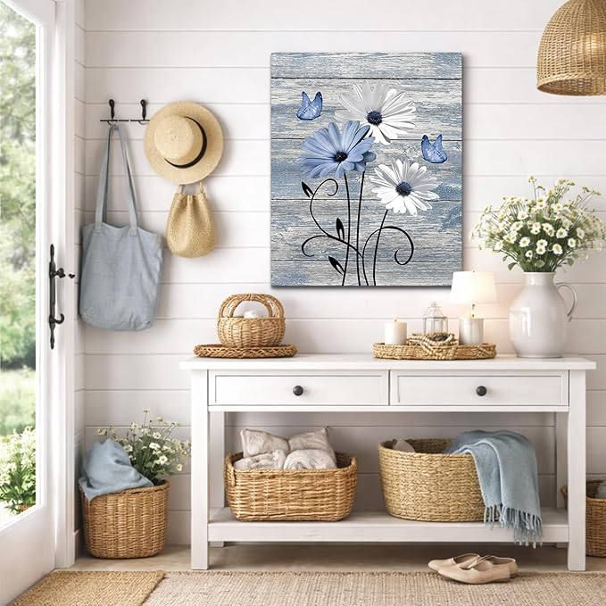 MYUSRE Farmhouse Blue Floral Canvas Wall Art, 16L X 12W Inch | Rustic Wood Daisy Butterfly Framed Wall Art Country Flower Pictures Wall Decor Ready to Hang