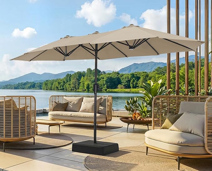 SUPERJARE 13FT Outdoor Patio Umbrella with Base Included, Double Sided Pool Umbrellas with Fade Resistant Canopy, Large Table Umbrella for Deck, Market, Backyard - Warm Beige