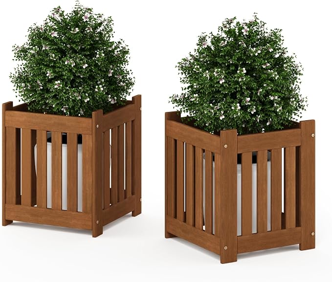 Furinno TIOMAN Planter Box Set of 2, Hardwood Flower Box, Cube Garden Box, in Teak Oil, Outdoor Indoor, Garden, Patio, Balcony, Light Wood