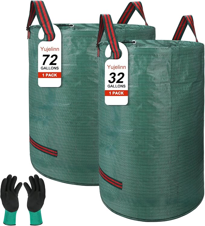 72 & 32 Gallon Reusable Yard Waste & Lawn and Leaf Bags with Handles - Tear Resistant Garden Trash Bags for Seasonal Cleanup, Patio, Lawn & Leaf Collection, Grass Clippings, Collapsible with Gloves