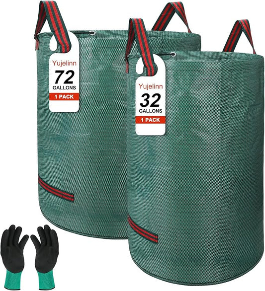 72 & 32 Gallon Reusable Yard Waste & Lawn and Leaf Bags with Handles - Tear Resistant Garden Trash Bags for Seasonal Cleanup, Patio, Lawn & Leaf Collection, Grass Clippings, Collapsible with Gloves