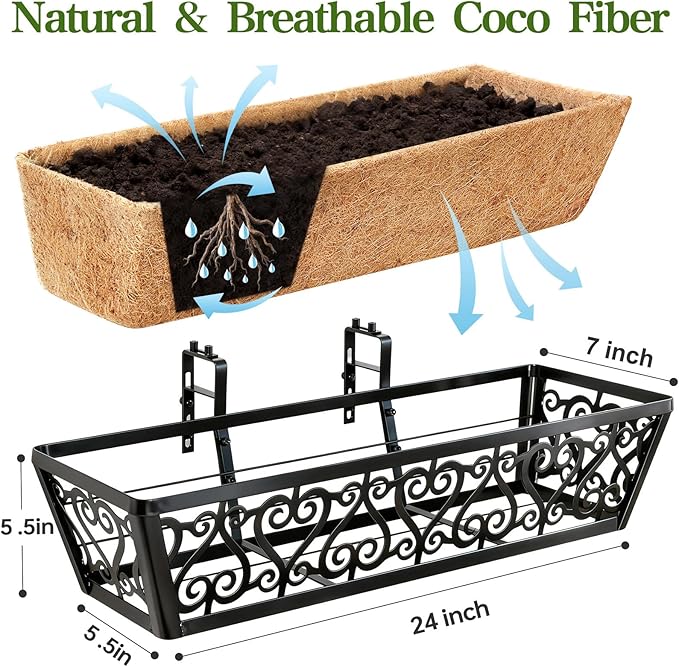 2 Pack 24 Inch Deck Railing Planter Box - Window Boxes Planters with Adjustable Brackets Coco Liners Balcony Planters Railing Hanging for Window Flower Boxes Outdoor Garden Decor