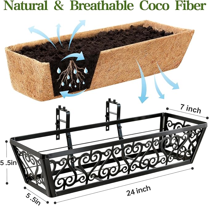6 Pack 24 Inch Deck Railing Planter Box - Window Boxes Planters with Adjustable Brackets Coco Liners Balcony Planters Railing Hanging for Window Flower Boxes Outdoor Garden Decor