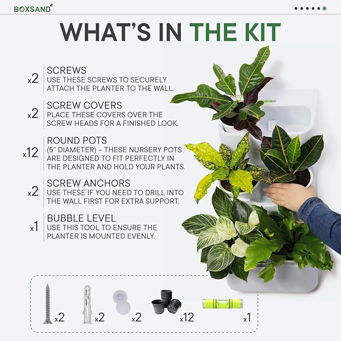 BOXSAND-12 Vertical Wall Planter (24"x26", Black with Black Pots) – Living Wall for 12 Plants, Indoor/Outdoor Vertical Garden System, Easy 2-Screw Install