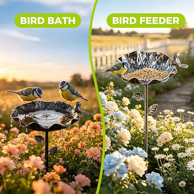 Bird Bath for Outside, 28 Inches Metal Bird Feeders for Outdoors, Bird Water Bowl & Hummingbird Feeders, Antique Garden Decorative Stakes for Yard Lawn Decor, 2 PCS, Silver