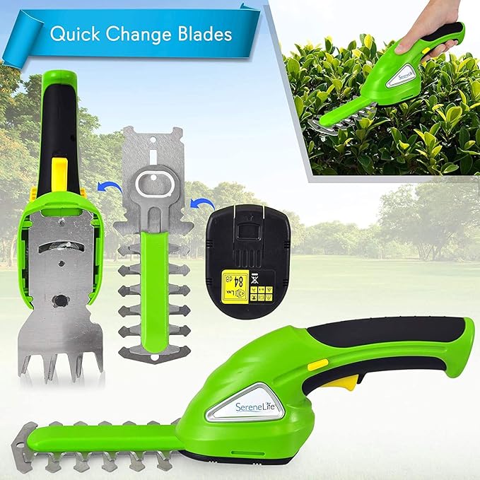 SereneLife Cordless Hedge Trimmer Handheld Grass Cutter Shears Electric Shrub Trimmer with 3.6V Rechargeable Battery, 2-in-1 System Lightweight and Portable Ideal for Lawns and Gardens
