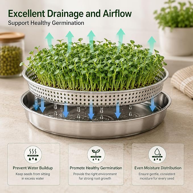 2 Pack Stackable Sprouting Trays with Mesh Lids, 304 Stainless Steel Soil-Free Sprouter Kit for Microgreens Broccoli Alfalfa Bean Seeds