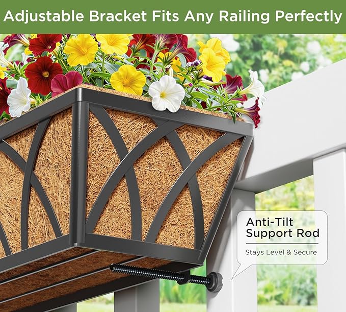 24 Inch Railing Planter Box with Coco Liner, Adjustable Metal Window Box, Hanging Flower Planter Outdoor, for Balcony Deck Fence Garden, Black, Set of 6