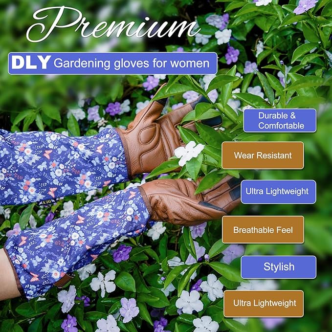 DLY Gardening Gloves for Women, Rose Gloves Thorn Proof, Long Garden Gloves for Women, Breathable Cowhide (Medium, Brown)