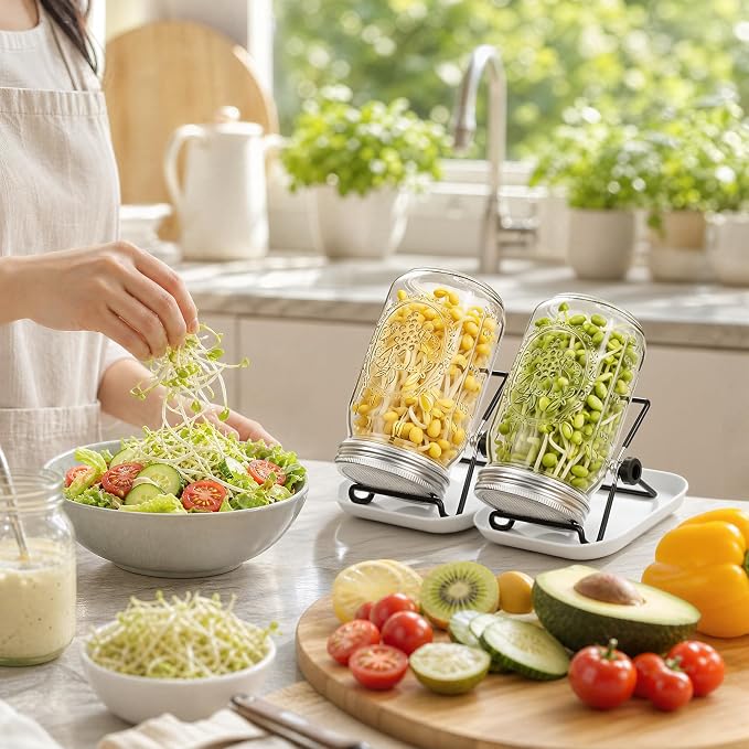 4 Pack Sprouting Jar Kit with Wide Mouth Mason Jars, Sprouting Lids, Stands, Drip Trays and Brushes, Seed Sprouter Set for Growing Broccoli, Mung Bean and Fresh Sprouts for Indoor Kitchen Use