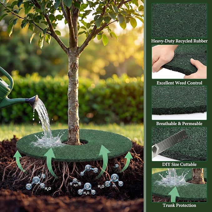 Peryiter 3 Pcs Double Side Rubber Mulch Tree Ring Heavy Duty Rubber Mulch Mat Tree Protector Weed Barrier Mats Reversible Round Root Ring for Prevent Weed Grass Animal Dig (20 Inch,Green and Black)