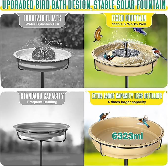 15.7 Extra Large Solar Powered Bird Bath with Fountain with 1.67 Gallon Capacity,5 Prong Stake Bird Bath for Outdoor,Hummingbird Drinking Bowl with Solar Fountain Pump Set,4 Water Patterns for Garden