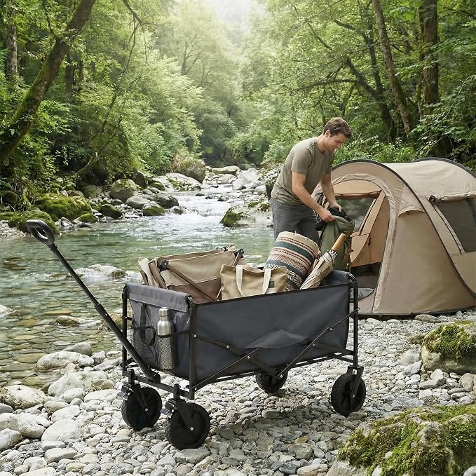 OLIXIS Collapsible Wagon 102L Standard Heavy Duty Utility Folding Wagon Cart with Lockable Brake Wheels – 330 lbs Weight Capacity, Flexible Handle for Beach, Grocery, Camping, Sports & Garden, Gray