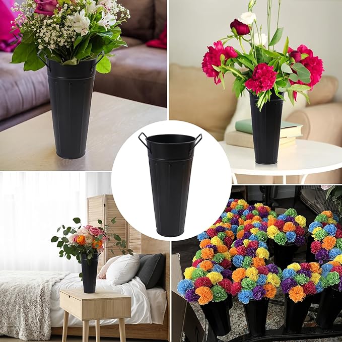 12 PCS 9 Inch Metal Flower Vase for Cut Flowers, Galvanized Metal Floral Buckets, Vintage Style Galvanized Flower Bucket for Home Décor & Wedding Centerpiece (Black)