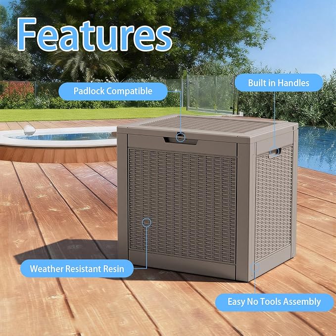 EasyUp 37 Gallon Deck Boxes Outdoor Waterproof, Resin Outside Storage Box for Patio Cushion Furniture Pool Accessories Garden Tools Indoor Outdoor Storage Bench (37 Gallon, Grey)