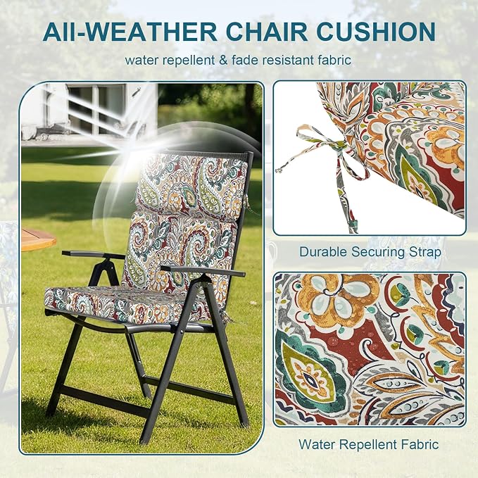 DYTXIII Outdoor High Back Chair Cushions Set of 2, 44"x22" Water Repellent Patio Seat Cushions with Elastic Sponge, All Weather Chair Pads for Rocking, Dining Chairs, Patio Furniture - Paisley Chilli