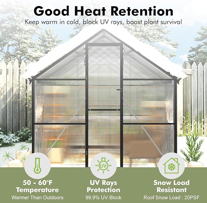 10X12FT Greenhouse for Outdoors with Electronic Thermometers, Green Houses for Outside Heavy Duty with Aluminum Frame Withstands Strong Wind or Snow, Large Walk-in Greenhouse for Backyard or Garden