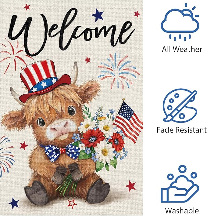 Heyfibro Welcome 4th of July Patriotic Garden Flag 12x18 Double Sided Burlap, Highland Cow with American Flag & Fireworks Yard Banner for Rustic Daisy Independence Day Outdoor Decor