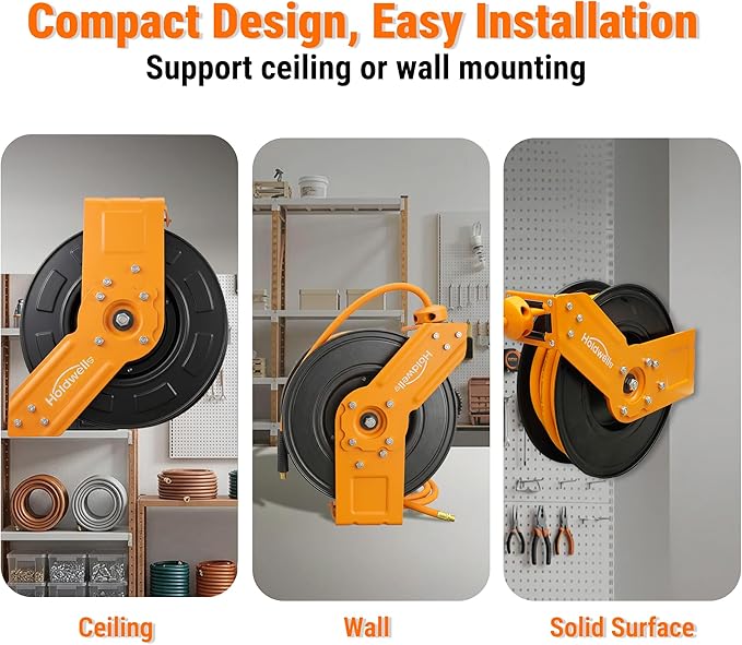 Retractable Air Hose Reel, 3/8" x 50FT Hybrid Air Hose, 300PSI Max, Auto-Rewind & Length-Lock, 1/4" NPT Fitting, Ceiling/Wall Mount Heavy Duty Single Arm Steel Reel for Workshop/Garage