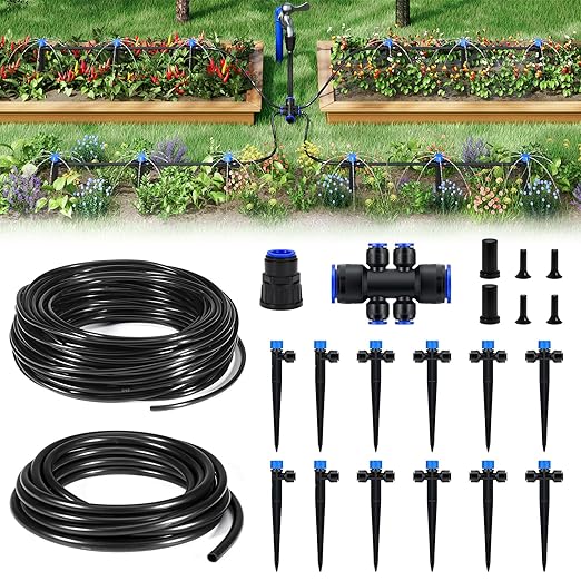 HIRALIY 50FT Drip Irrigation System Kit, Quick-Connect Garden Watering System with 10FT Main Hose and 40FT 1/4" Tubing, Adjustable Drippers for Patio Pots, Container Gardens & Small Raised Beds