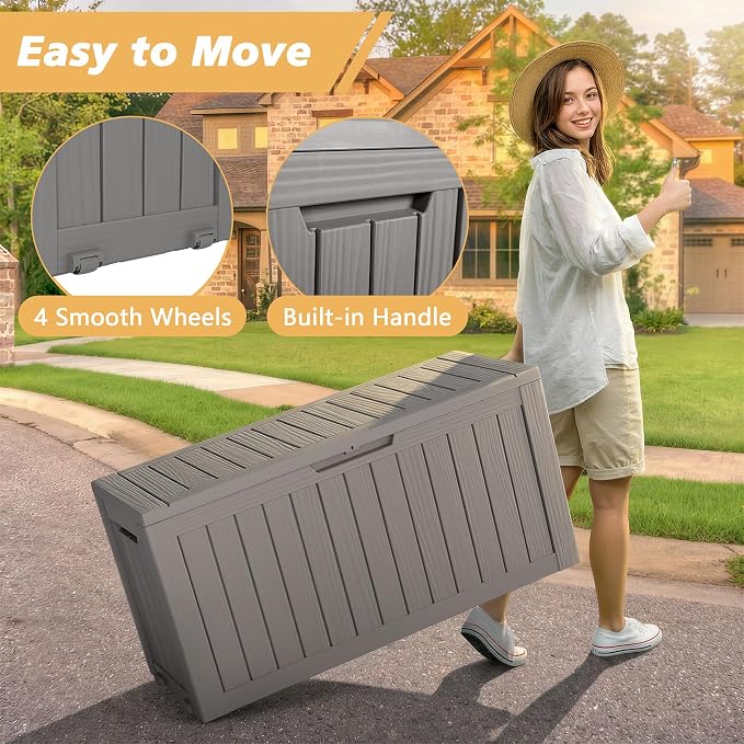 Fancyango 90 Gallon Outdoor Deck Box Waterproof, Large Storage Box for Patio, Resin Storage Bench Lockable for Garden Tools, Package Delivery, Grey