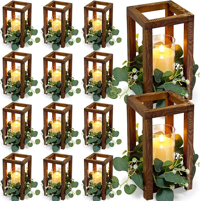 36 Pcs Wooden Lantern Centerpiece - Wedding Lantern with Eucalyptus Candles Wreaths LED Flameless Candles Rustic for Country Wedding Party Farmhouse Table Decor