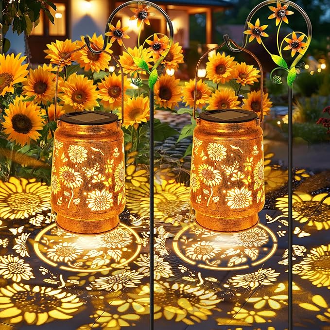 2 Pack Sunflower Solar Lanterns Garden Decor, Birthday Gifts for Women Mom Grandma, Metal Hanging Solar Lights Outdoor Waterproof LED Decoration with Shepherd Hook Outside for Yard Patio Lawn Porch