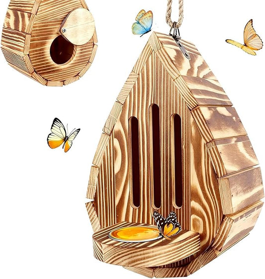Butterfly House, Natural Wooden Bee Hotel for Garden, Hangable Teardrop Butterfly House for Garden, Weather Resistant Teardrop Butterflies Feeder, for Backyard & Balcony Decor