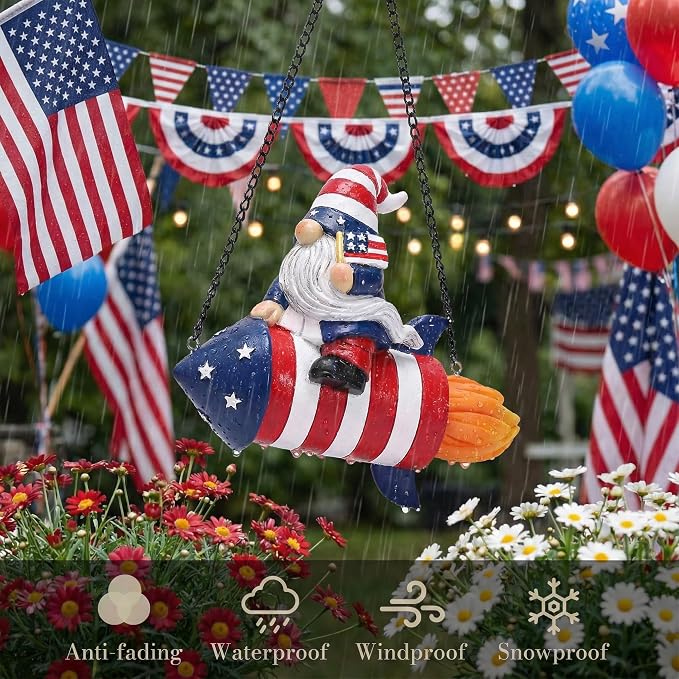 TERESA'S COLLECTIONS 4th of July Gnome Firework Decorations, Memorial Day Hanging Ornament for Home, USA 250th Anniversary Patriotic Resin Independence Day Gift for Women, Indoor Outdoor Wall Decor 8"
