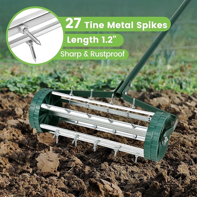 GYMAX Lawn Aerator, 17inch Heavy Duty Rolling Aerator with Sharp Spikes & Anti-Slip Handle, Push Grass Aerator for Lawn, Garden, Yard, Manual Aerator Tool (Basic)