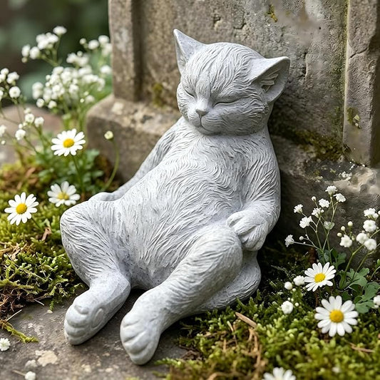 Cat Memorial Stone Garden Statue, Pet Statue Gifts for Loss of Cat Sympathy, Grave Markers for Garden Outdoor Decor, 9.8” L Weatherproof Lazy Tabby Figurine, Outdoor Patio Accent Yard Decoration