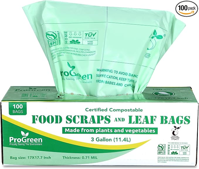 Compostable Trash Bags 3 Gallon, Extra Thick 0.71 Mil, 100 Count, Small Kitchen Compost Bin Bags, Food Scraps Yard Waste Bags, Compost ASTM D6400 BPI and TÜV AUSTRIA Certified