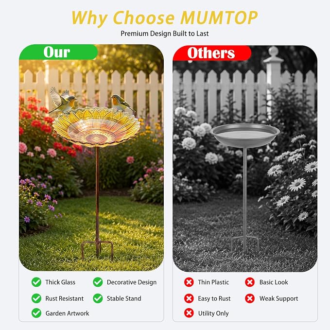 MUMTOP Glass Bird Bath, Garden Outdoor Birdbaths Birdfeeder with Metal Stake, Yellow